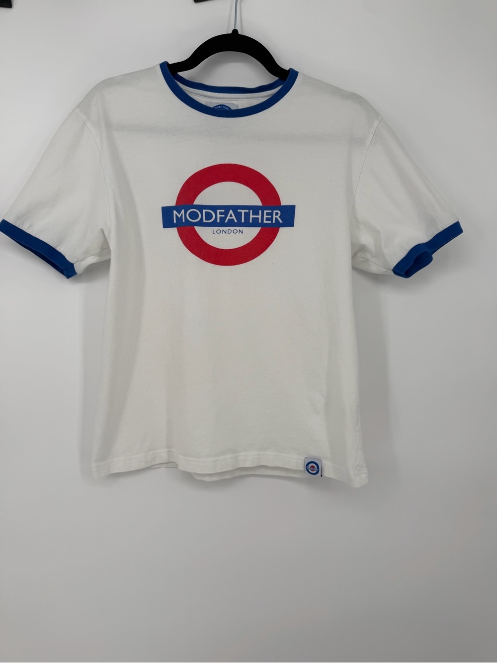 Modfather London White Ringer Tee with Blue & Red Logo